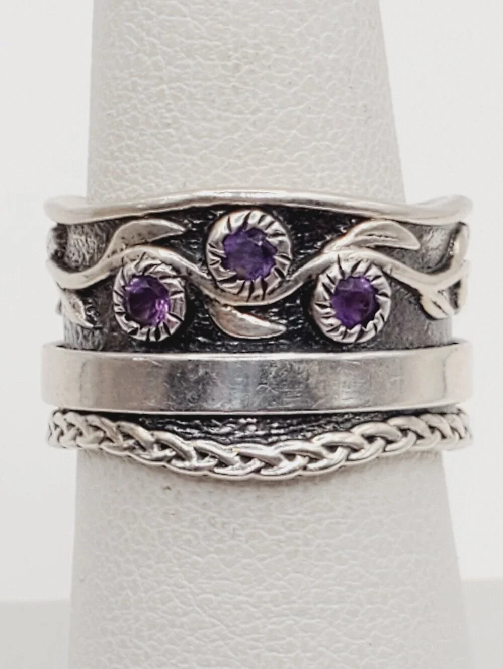 Genuine Amethyst 925 Sterling Silver Fidget Spinner Braided Band Leaf Ring - Picture 1 of 11